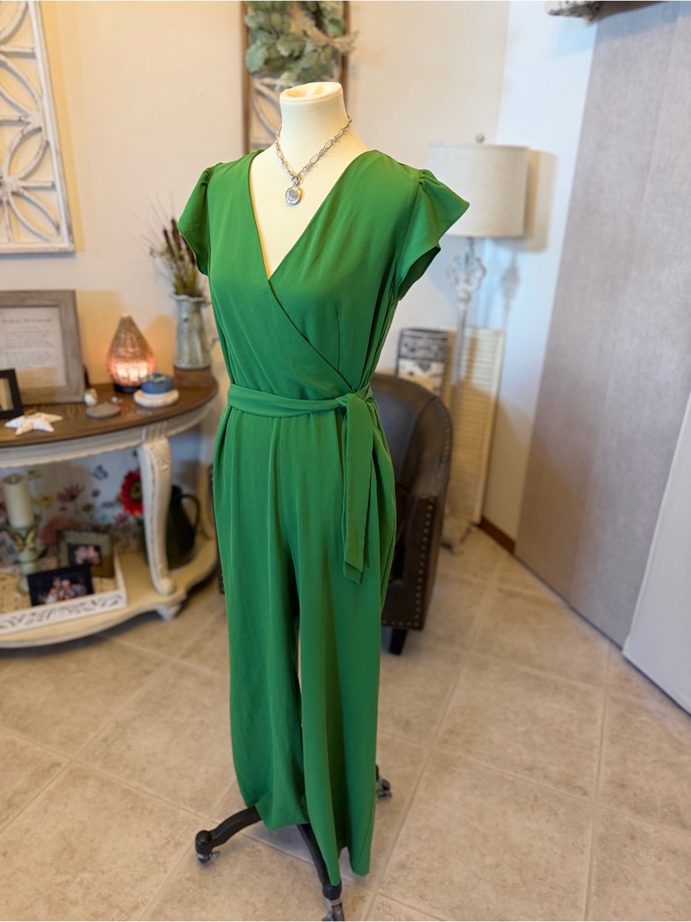 Anne Taylor Green Wrap-Front Wide-Leg Jumpsuit - Picture 3 of 11